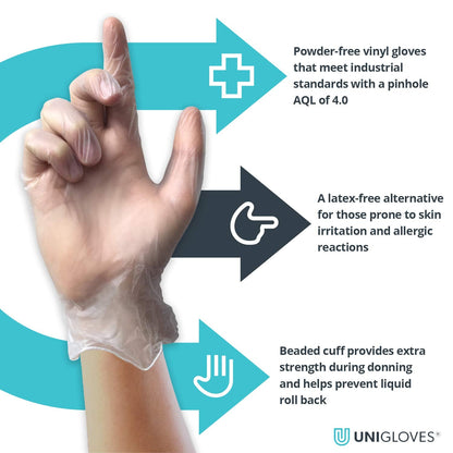 Unigloves Unicare Vinyl Multipurpose Disposable Gloves, Powder Free, Latex Free, Medium Weight, Box of 100 Gloves, Clear, Size Medium (GS0063)