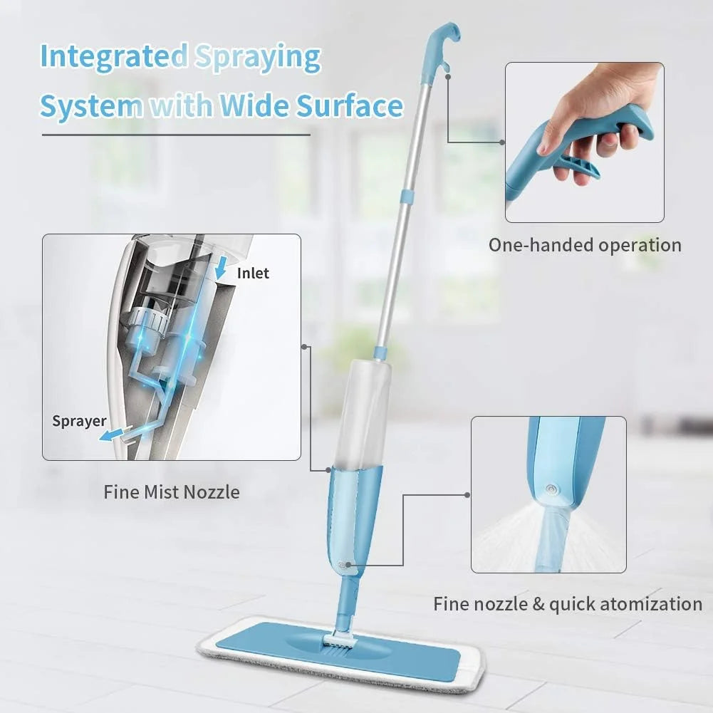 SUGARDAY Microfiber Spray Mops for Floor Cleaning with 4 Washable Pads 2 Refillable Bottle Blue