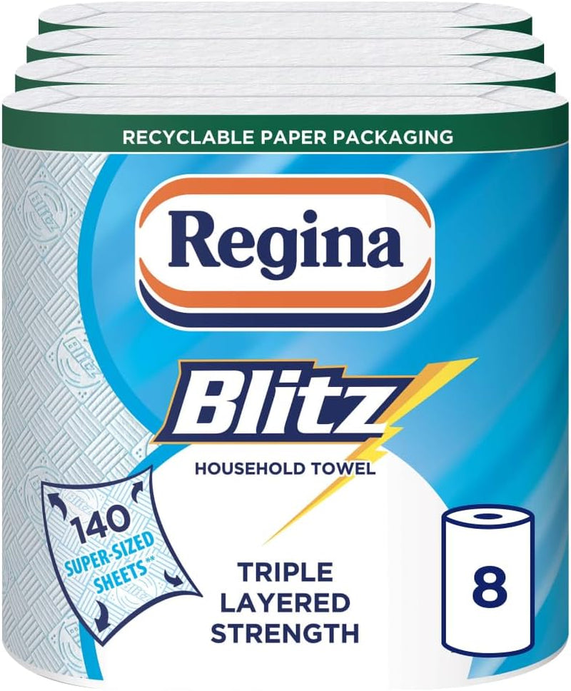 Regina Blitz Household Towels – 12 Rolls per Pack, 3-Ply Kitchen Roll, 70 Sheets per Roll, Paper Packaging, FSC Certified Paper, Recyclable Packaging, 60% Larger than Standard Kitchen Roll Sheets