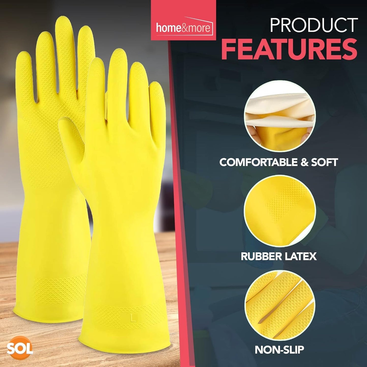 SOL 4 Pairs Large Household Gloves, Yellow Heavy Duty Rubber Gloves for Cleaning with Non-Slip Grip, Durable Waterproof Design for Kitchen, Bathroom & Dishwashing, Multipurpose & Comfortable to Use