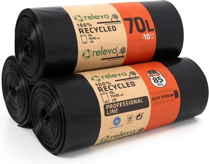 Relevo 100% Recycled Bin Liners, Bin Bags 30L, 90 30 Litre Bin Bags, Garbage Bags