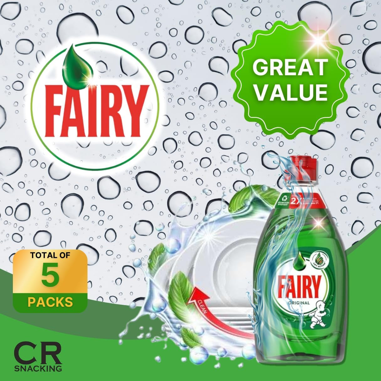 Fairy Original Washing up Liquid (5 X 320Ml) - Bulk Dishwashing Liquid | Fairy Liquid Original Fairy Washing Liquid | Fairy Liquid Fairy Dishwashing Liquid Green