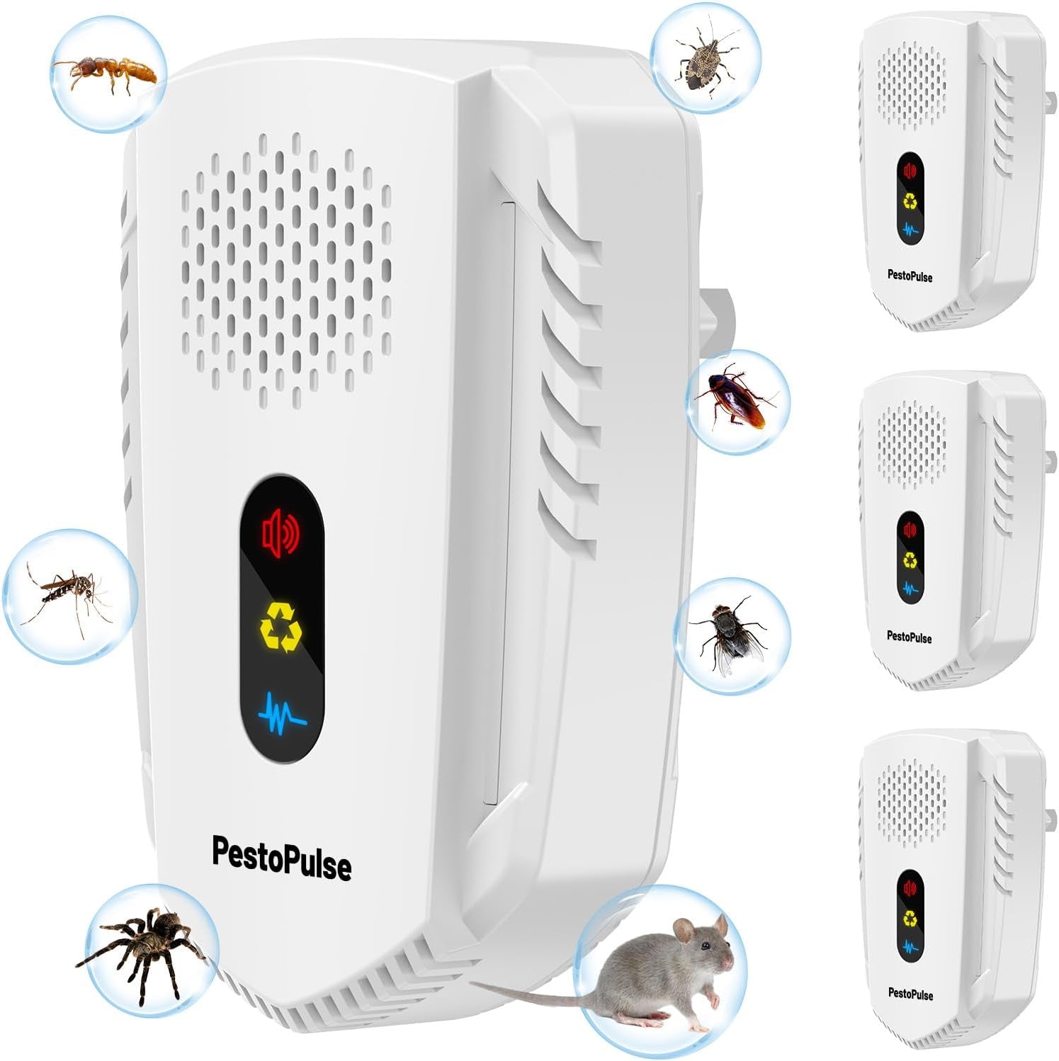 Pestopulse 2025 Ultrasonic Pest Repeller, 4 PCS Mouse Repellent, 3 Model Repeller Plug in Pest Control, Efficient against Mice Rat Mosquitoes Spider Cockroach Moths Ants Etc Harmless to Pets Human