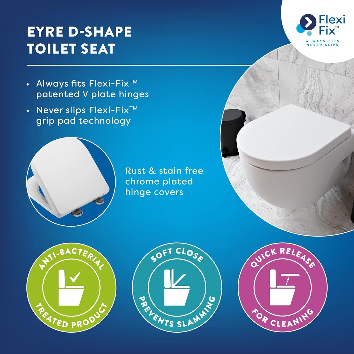 Croydex Eyre Soft Close Toilet Seat D Shape with One Button Quick Release and anti Bacterial Thermoset Plastic, Flexi-Fix V Plate Universal Hinges, Top or Bottom Fix Rust Free Hinge Fittings