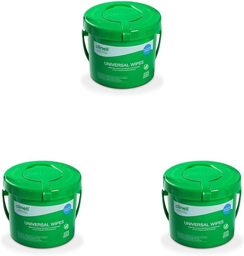 Clinell Universal Cleaning and Disinfectant Wipes Bucket - Pack of 225 - Multi Purpose Wipes, Kills 99.99% of Germs, Effective from 30 Seconds