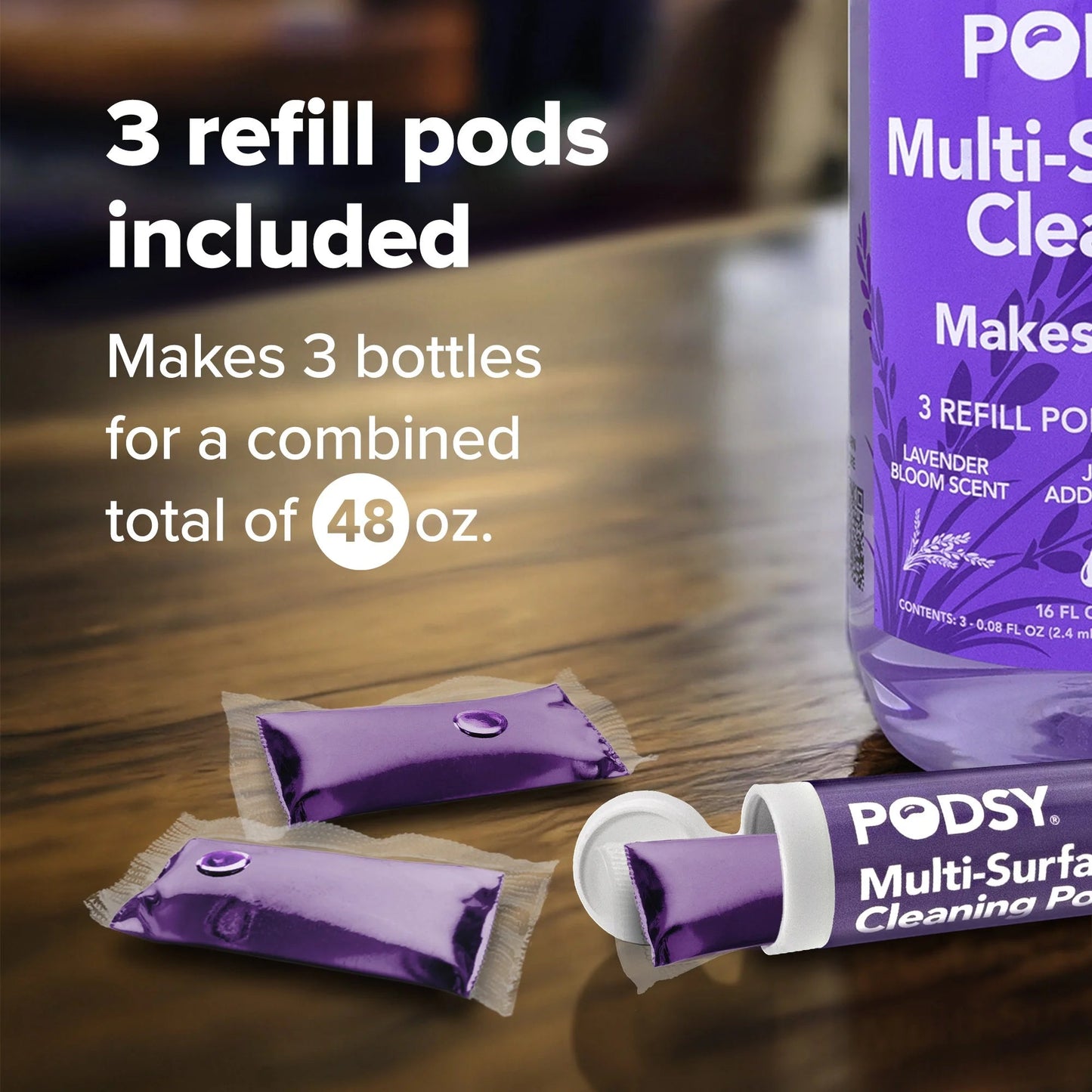 Podsy Multi-Surface Cleaning Refills, Lavender Bloom Scent, 3 Pods Make 48Oz, Just Add Water