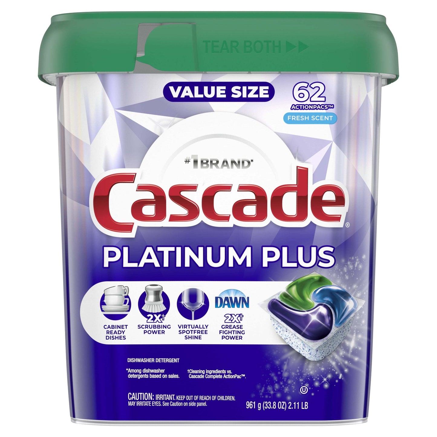 Cascade Platinum plus Dishwasher Pods, Action Pacs Dishwasher Detergent Tabs, Fresh, 62 Count