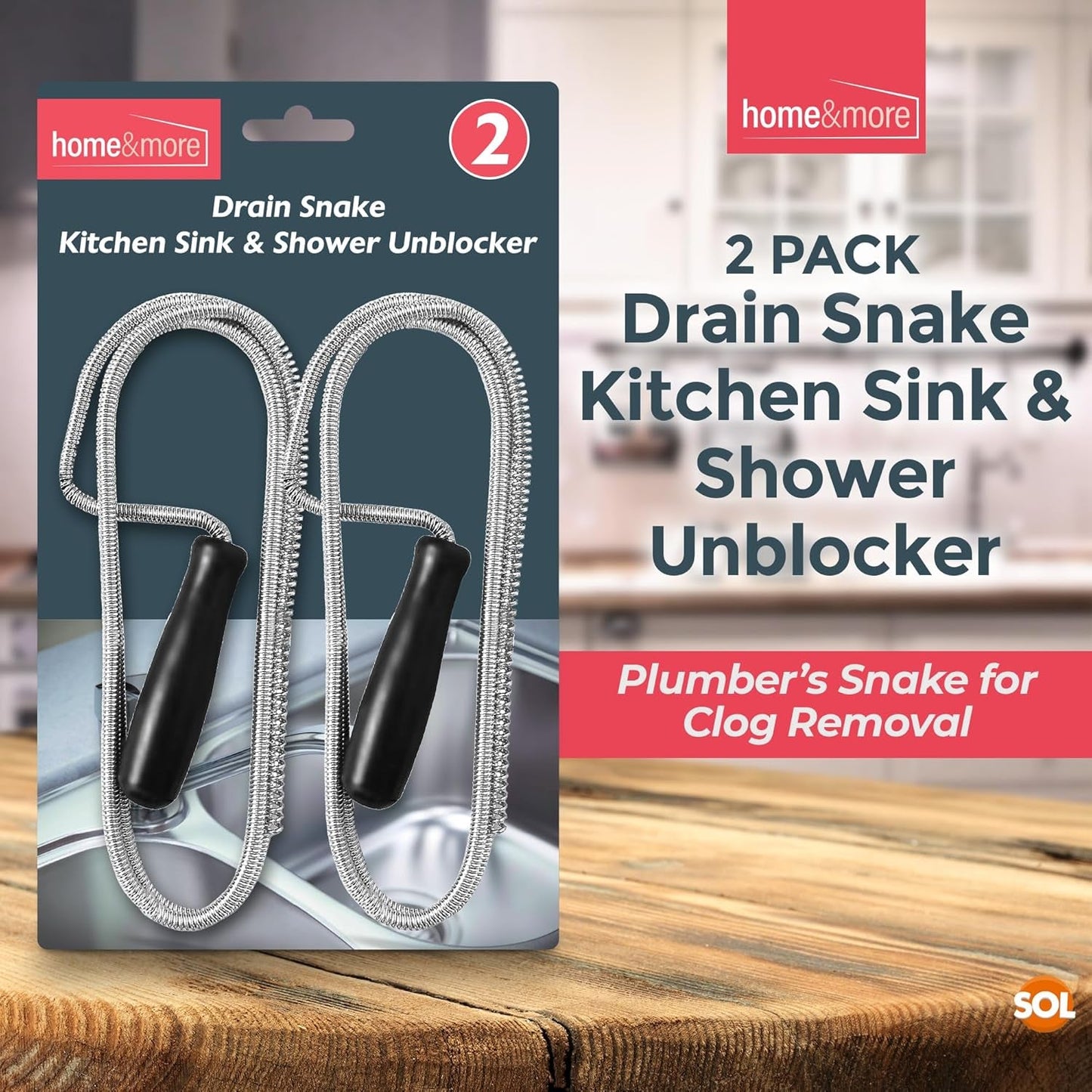 SOL 2Pk Drain Snake Kitchen and Shower Unblocker - 100Cm Kitchen Sink Unblocker Tool, Plumbing Snake for Drain Cleaning, Shower & Sink Drain Auger, Drain Unblocking Brush for Kitchen & Bathroom Pipes