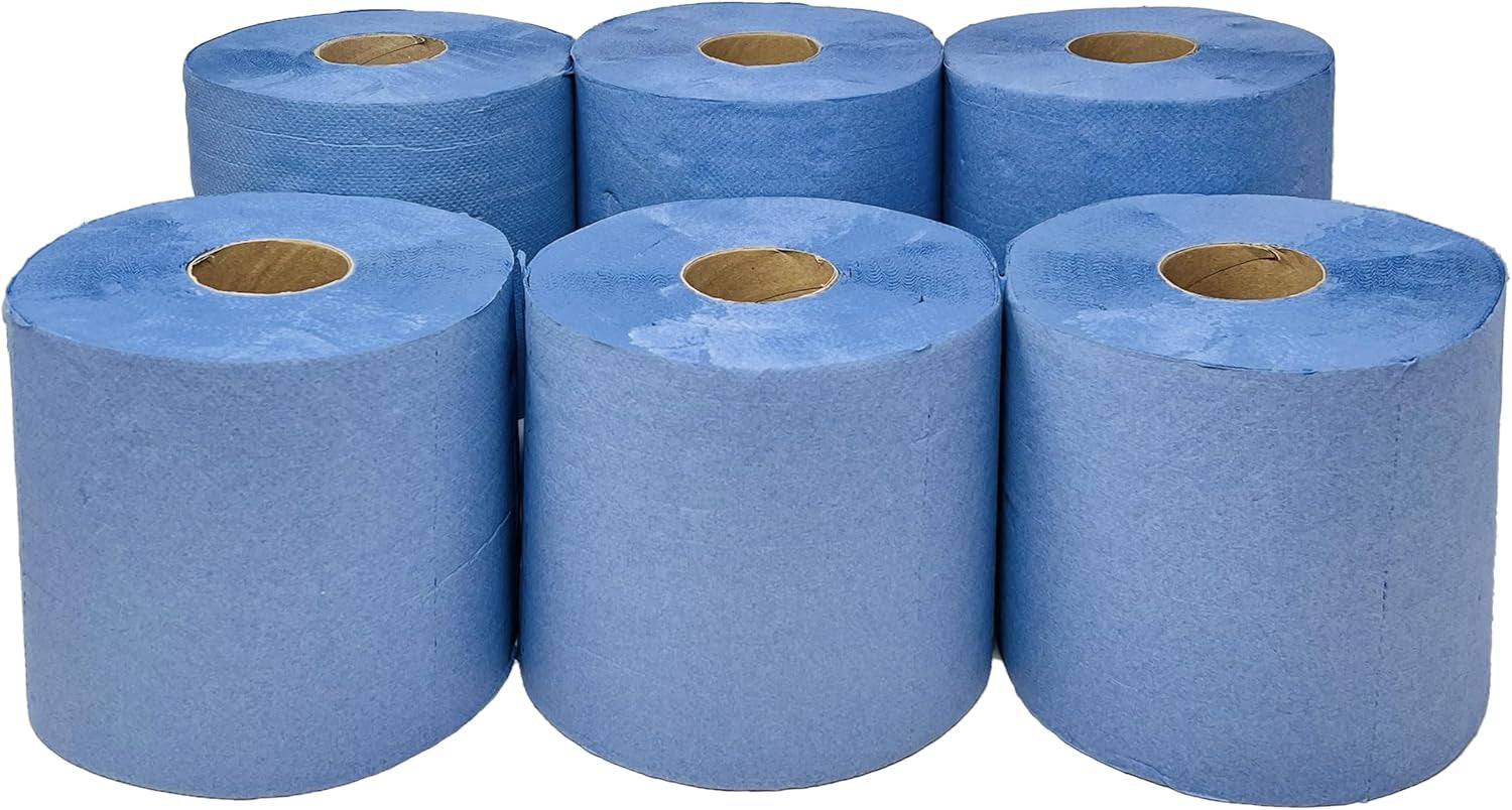 DHANZIPAK 6 X Economy Blue Centrefeed Paper Tissue Rolls - 2 Ply Embossed Centre Feed - Hand Towel Tissue Rolls