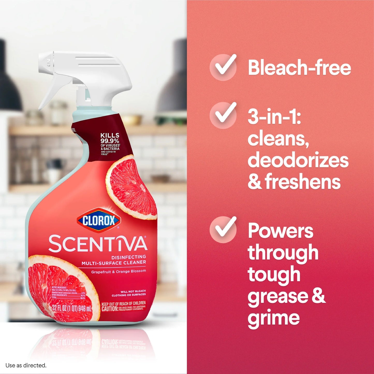 Clorox Scentiva Bleach-Free Multi-Surface Cleaner Spray, Grapefruit & Orange Blossom, 32 Fl Oz