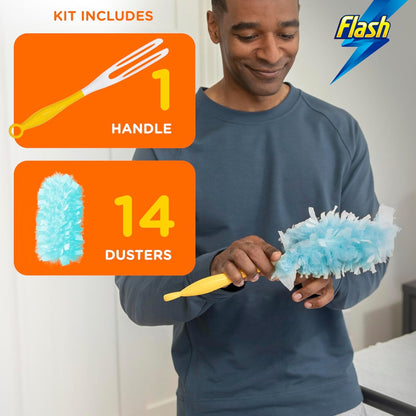 Flash Duster Dust Magnet Starter Kit, Dusters, 1 Handle + 14 Refills, Trap and Lock Away Dust, Dirt and Hair in No Time, Flash Dust Magnet Refill