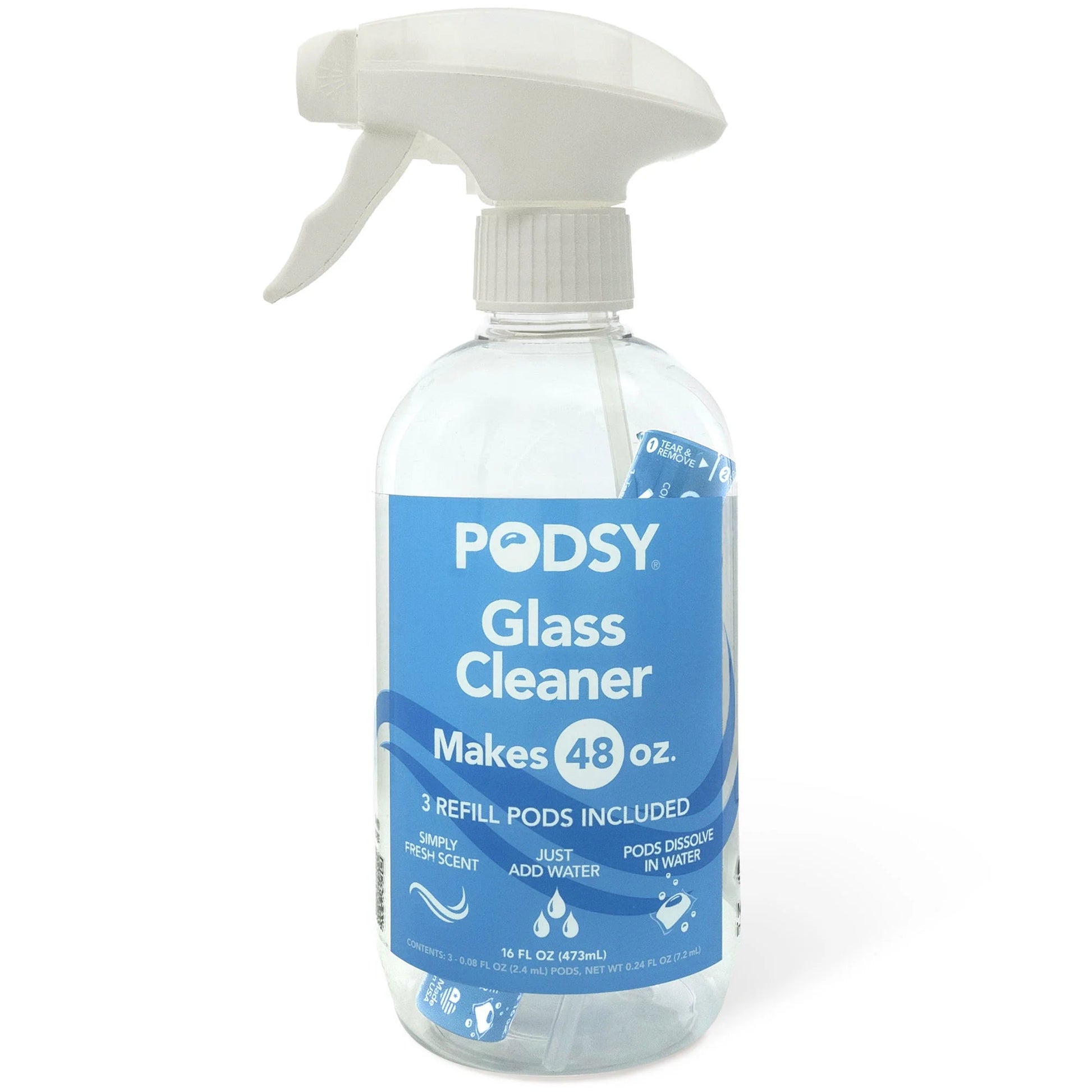 Podsy Glass Cleaning Set, Simply Fresh Scent, 16 Fl Oz Bottle and 3 Refill Pods Make 48Oz, Just Add Water