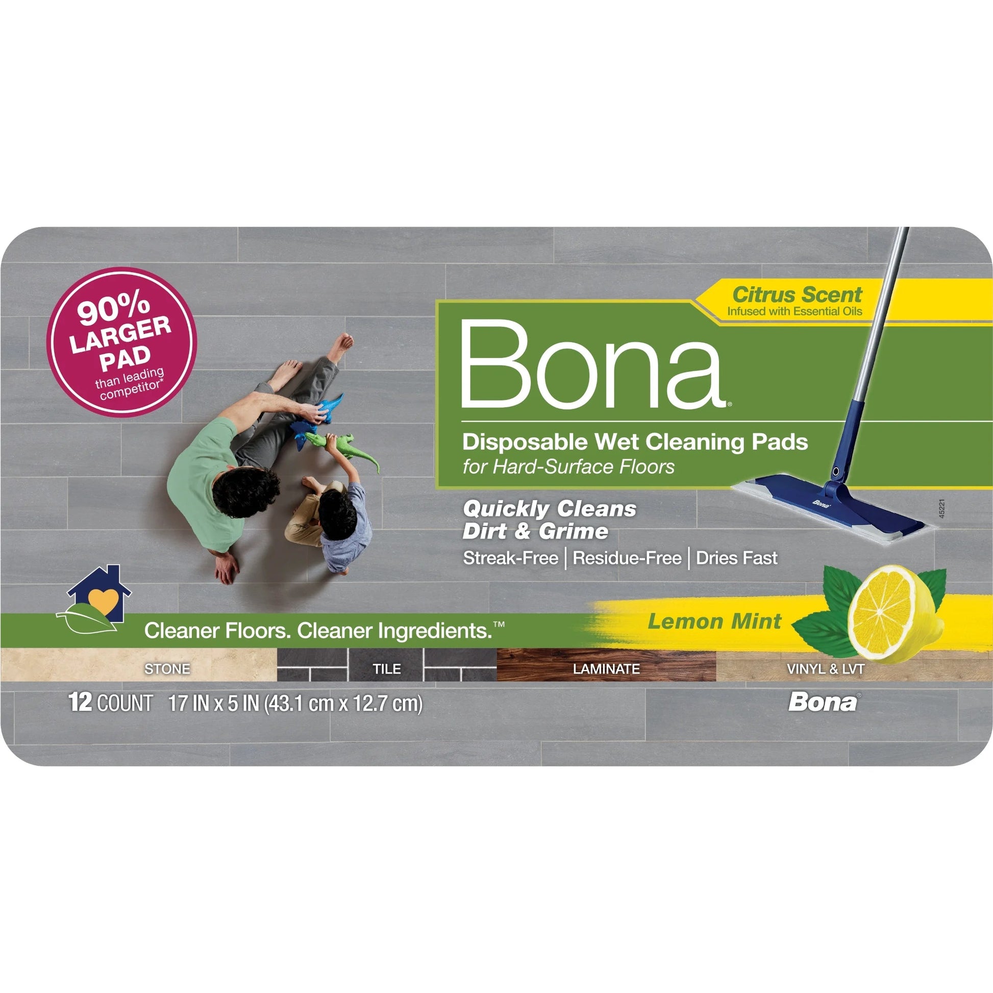 Bona Multi-Surface Floor Disposable Wet Cleaning Pads, for Stone Tile Laminate and LVT/LVP, Lemon Mint Scent, 12 Count