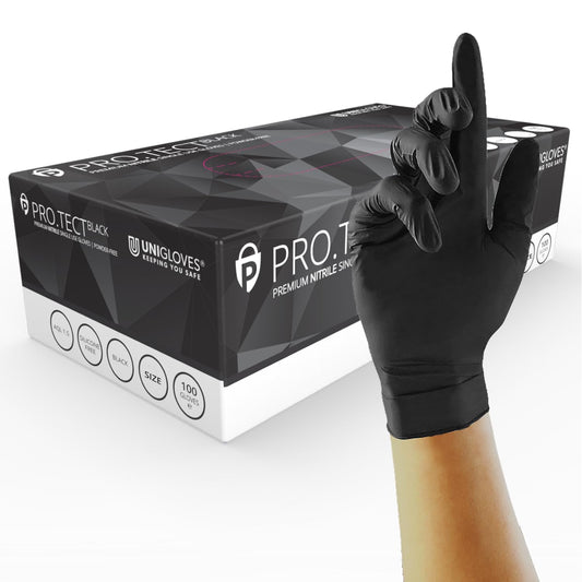 Unigloves PRO.TECT Black GA0042 Nitrile Single Use - Multipurpose, Powder Free Disposable Gloves, Box of 100 Gloves, Black, Small