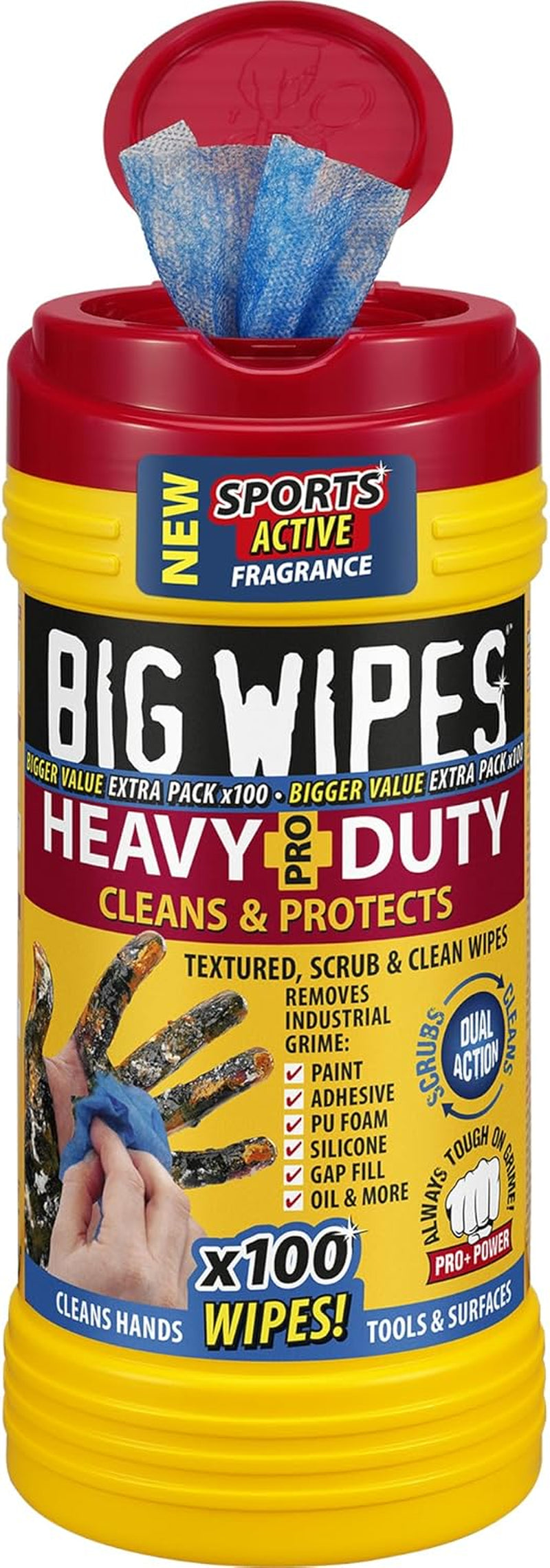 Big Wipes Heavy Duty Pro+ Wipes in Dispenser Tub (X100) Textured Dual-Sided Hand Wipes with Skincare Cleans Hands, Tools & Surfaces. Heavy Duty Wipes & Industrial Cleaning Products for Tradespeople