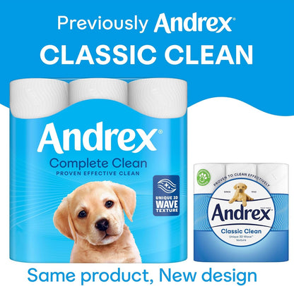 Andrex Complete Clean Toilet Tissue 9 Rolls (Previously Andrex Classic Clean) Unbeatable Toilet Paper with Unique 3D Wave, FSC Certified