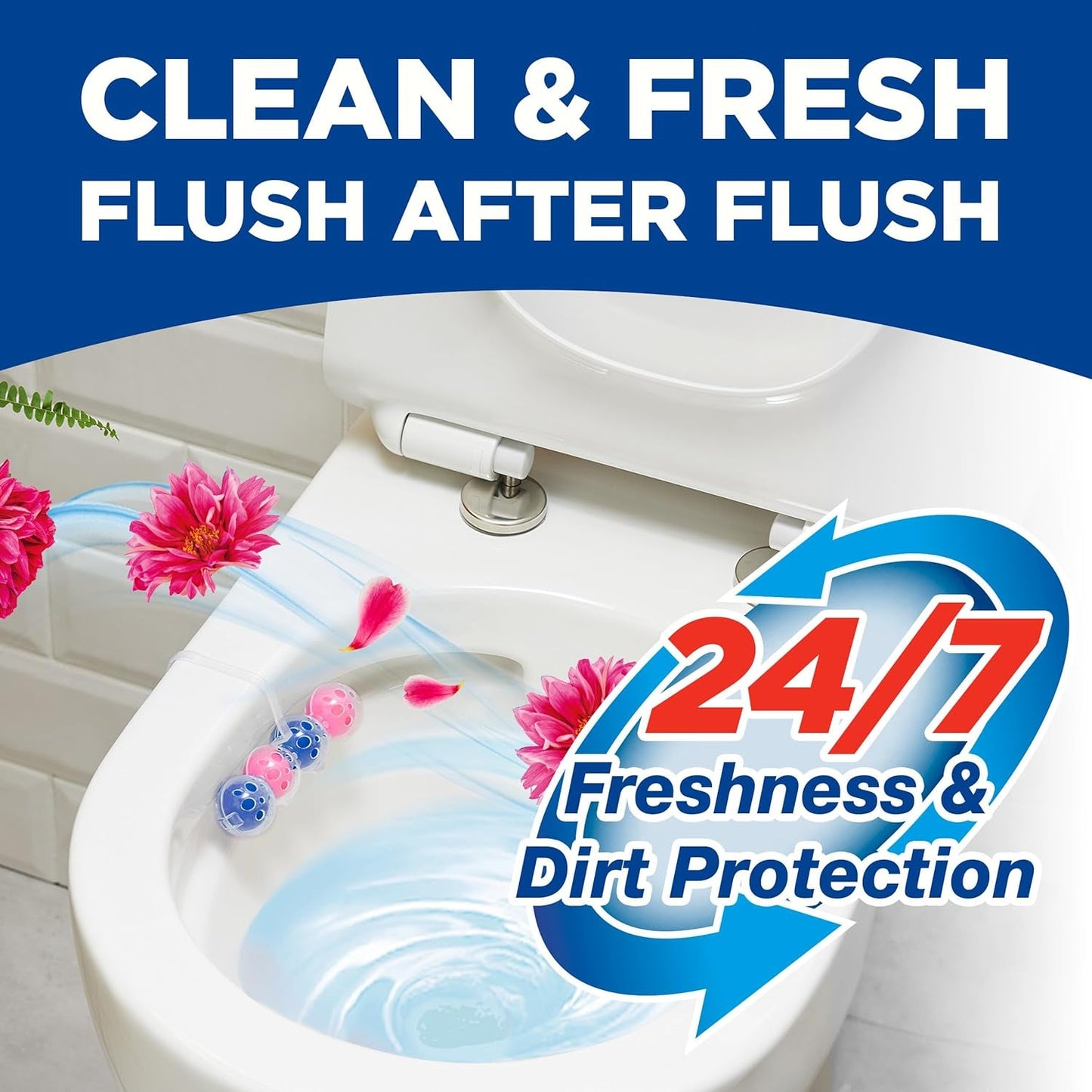 Bloo Power Active Toilet Rim Block Fresh Flowers, with Anti-Limescale, Cleaning Foam, Dirt Protection and Extra Freshness - Pack of 3 Rimblocks