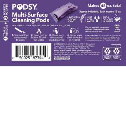 Podsy Multi-Surface Cleaning Refills, Lavender Bloom Scent, 3 Pods Make 48Oz, Just Add Water