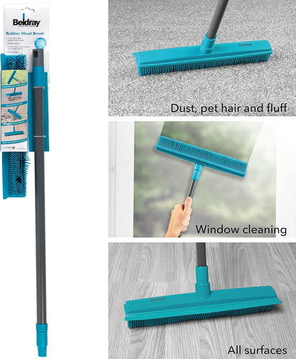 Beldray Pet Plus+ Rubber Broom with Squeegee – Sweeping Brush with Rubber Bristles, 2-In-1 Push Broom for Pet Hair, Telescopic Long Handle, Remove Dog and Cat Hair, Indoor/Outdoor Broom