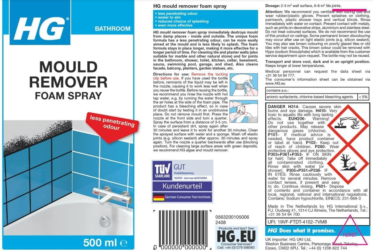 HG Mould Remover Foam Spray, Mould Spray & Mildew Cleaner, Removes Mould Stains from Walls, Tiles, Bathroom Seals & More - 500Ml